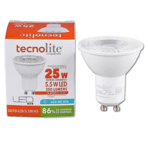GU10-LED/5.5W/65 Vive más verde con la luz que ahorra y cuida el planeta. Foco LED GU10 de 5.5 Watts, base GU10. Color de luz: Luz de día Ahorro del 75-90 % de energía. Flujo luminoso: 350 lumens, reemplazo de una lámpara incandescente de 35 Watts