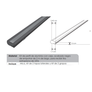 DXAP02NKIT erfil para tira extraplana de led, con ceja, que incluye, perfil rectangular de aluminio acabado negro de 2 m, mica difusa de 2 m, kit de 2 tapas laterales y kit de 2 grapas, de empotrar o sobreponer, protección IP20