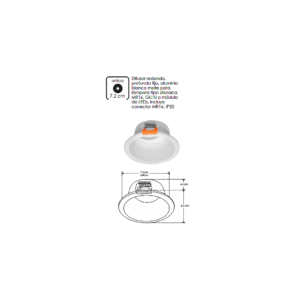 ILU610WRE Difusor redondo, profundo fijo, aluminio blanco mate para lámpara tipo dicroica MR16, GU10 o módulo de LEDs, incluye conector MR16. IP20