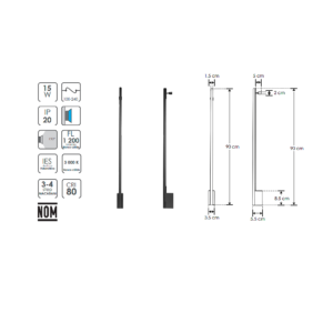 ILU9081ASW90N Luminario de 90 cm de pared, de led, blanco cálido, 15 Watts, óptica 120°, cilíndrico base baja, , aluminio acabado negro, 100-240V ca, protección IP20
