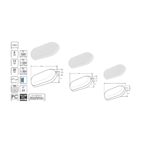 ILUBULKPC8W Luminario de pared, de led, blanco cálido, 8 W / 15 W / 20 W, oval tipo bulk salida de luz directa, de sobreponer, policarbonato acabado blanco, 85-265V ca, protección IP65