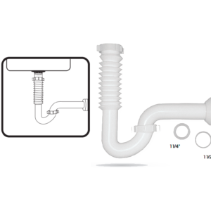 P-B9025 Trampa corrugada color blanco para lavabo y fregadero de 12 cm desafamiento y altura de 10  cm Medidas 1 1/2″ x 1 1/2″
