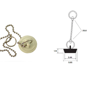 PH-230 Tapon para el lavabo con cadena Medidas Diámetro superior 1.44″ (3.6 cm) Diámetro inferior .96″ (2.43 cm) Altura .45″ (1.14 cm) Largo cadena 10.5″ (26.6 cm)