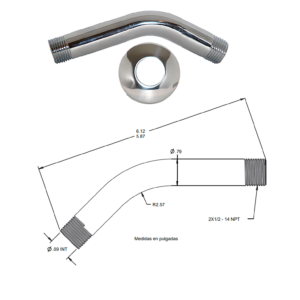 PR-T101 Brazo corto para la regadera de baño Medidas  2 X 1/2″ NPT