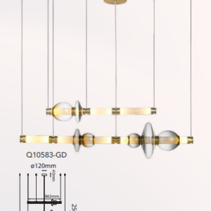 Q10583-GD QUOR BOMBAI Lampara colgante Horizontal LED integrada 28w 3000k Luz cálida Acabado hierro color oro GD y cristal (copia) (copia)