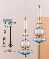 Q10580-GD QUOR BOMBAI Lampara colgante vertical LED integrado 12w 3000k Luz cálida, acabado hierro color oro GD y cristal