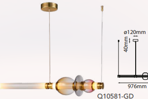 Q10581-GD QUOR BOMBAI Lampara colgante Horizontal LED integrada 12w 3000k Luz cálida Acabado hierro color oro GD y cristal