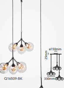Q16509-BK QUOR BRANCHE Lampara colgante 9LEDS integrado 27w 3000k Luz cálida acabado metal color negro mate y cristal