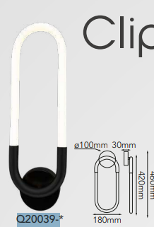 OQ20039-BK QUOR CLIP Lampara de muro LED integrado 8w 3000k Luz cálida acabado negro BK y acrílico