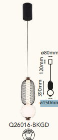 Q26016-BKGD QUOR CAIRO Lampara colgante LED integrado 9w 3000k Luz Cálida color negro y oro BKGD con acrílico