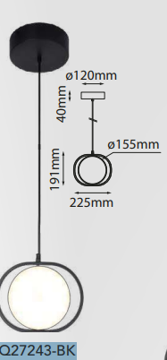 Q27243-BK QUOR BERLIN Lampara colgante LED integrado 12w 3000k luz cálida acabado acero color negro y acrílico blanco