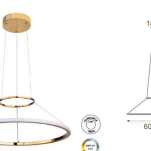 Q28331-GD QUOR KREIS Lampara colgante tipo anillo LED integrado atenuable 300k, 4000k, 6000, 32w acabado oro GD y acrílico