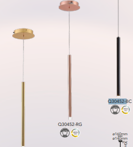 Q30452-BC,GD,RG QUOR MINHA Lampara colgante tubular LED integrado atenuable 3w acabado negro cromo BC, oro GD, oro rosa RG