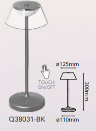 Q38031-BK QUOR FUN Luminario de mesa recargable LED integrado 2.5w 3000k Luz cálida color Gris BK y acrilico