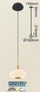 Q50131-GD QUOR GALATEA Lampara colgante 1LED integrado atenuable 3000k,4000k,6000k 7w acabado oro GD y cristal