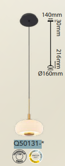 Q50131-GD QUOR GALATEA Lampara colgante 1LED integrado atenuable 3000k,4000k,6000k 7w acabado oro GD y cristal