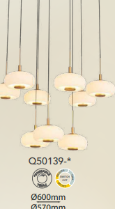 Q50139-GD QUOR GALATEA Lampara colgante 9LED integrado atenuable 3000k,4000k,6000k 63w acabado oro GD y cristal