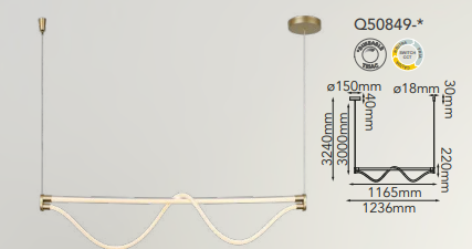 Q50849-GD QUOR ANNA Lampara colgante LED integrada atenuable 33w/38w 3000k, 4000k, 6000k acabado oro GD y silicón blanco