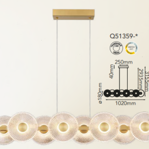 Q51359-GD QUOR BARCELONA Lampara colgante LED integrada atenuable 42w 3000k, 4000k, 6000k acabado aluminio color oro DG y acrílico