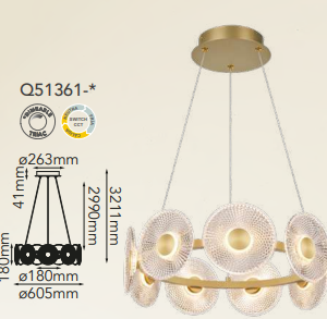 Q51361-GD QUOR BARCELONA Lampara colgante LED integrada atenuable 45w 3000k, 4000k, 6000k acabado aluminio color oro DG y acrílico