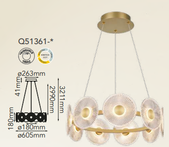 Q51361-GD QUOR BARCELONA Lampara colgante LED integrada atenuable 45w 3000k, 4000k, 6000k acabado aluminio color oro DG y acrílico