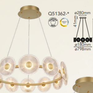 Q51362-GD QUOR BARCELONA Lampara colgante LED integrada atenuable 63w 3000k, 4000k, 6000k acabado aluminio color oro DG y acrílico