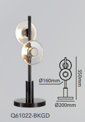 Q61022-BKGD QUOR CAMELOT Luminario de piso 2LED integrada dimeable 10w 3000k Luz cálida color negro y oro BKGD con cristal