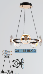 Q61115-BKGD QUOR CAMELOT Lampara colgante 5LED integrada 25w 3000k Luz cálida color negro y oro BKGD con cristal
