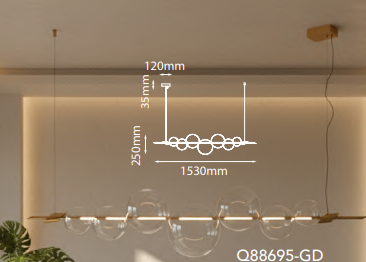 Q88695-GD QUOR DANTE Lampara colgante horizontal LED integrado 12w 3000k Luz cálida acabado oro GD y cristal