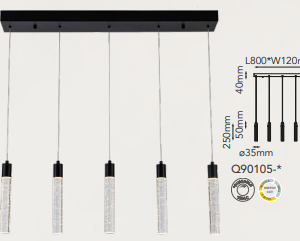 Q90105-BK QUOR MANHATTAN Lampara colgante 5LED integrado atenuable 300k, 4000k, 6000k 6w acabado negro BK y cristal