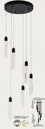 Q90106-BK QUOR MANHATTAN Lampara colgante 6LED integrado atenuable 300k, 4000k, 6000k 36w acabado negro BK y cristal