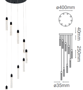 Q90109-BK QUOR MANHATTAN Lampara colgante 9LED integrado atenuable 300k, 4000k, 6000k 43w acabado negro BK y cristal