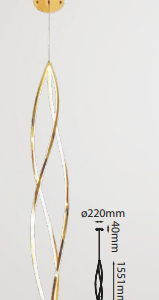 Q98252-GD QUOR AKI Lampara colgante vertical LED integrado atenuable 75w 3000k, 4000k, 6000k CCT acabado oro GD y mica difusora acrílico blanco