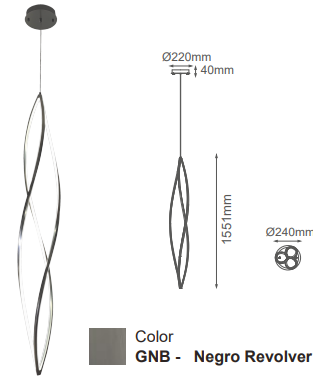 Q98252-GNB QUOR AKI Lampara colgante vertical LED integrado atenuable 75w 3000k, 4000k, 6000k CCT acabado negro revolver GNB y mica difusora acrílico blanco