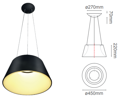 Q27787-BK QUOR THEO Lampara colgante LED integrado atenuable 3000k, 4000k, 6000k 30w acabado negro BK y acrílico difusor