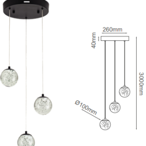 Q28153-BK QUOR SING Lampara colgante 3LED integrado atenuable 3000k, 4000k, 6000k 20w acabado negro BK y cristal