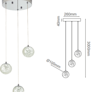 Q28153-CH QUOR SING Lampara colgante 3LED integrado atenuable 3000k, 4000k, 6000k 20w acabado cromo CH y cristal