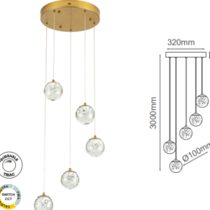 Q28155-BG QUOR SING Lampara colgante 5LED integrado atenuable 3000k, 4000k, 6000k 26w acabado oro cepillado BG y cristal