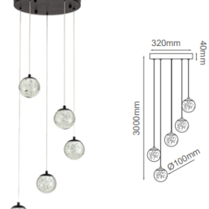 Q28155-BK QUOR SING Lampara colgante 5LED integrado atenuable 3000k, 4000k, 6000k 26w acabado negro BK y cristal