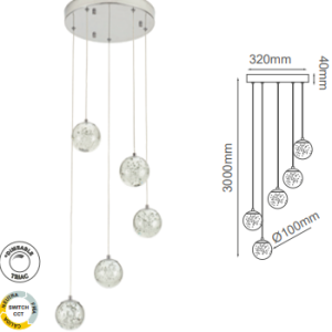 Q28155-CH QUOR SING Lampara colgante 5LED integrado atenuable 3000k, 4000k, 6000k 26w acabado cromo CH y cristal