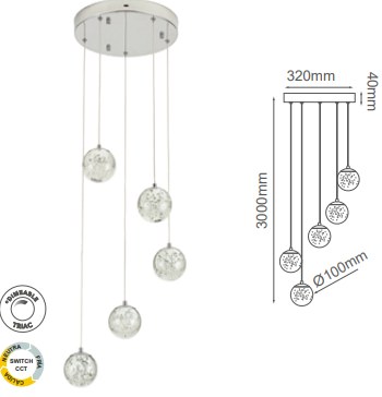 Q28155-CH QUOR SING Lampara colgante 5LED integrado atenuable 3000k, 4000k, 6000k 26w acabado cromo CH y cristal