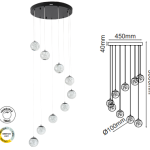 Q28159-BK QUOR SING Lampara colgante 9LED integrado atenuable 3000k, 4000k, 6000k 42w acabado negro BK y cristal