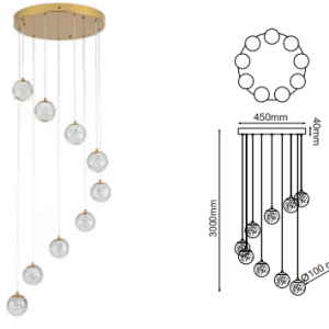 Q28159-BG QUOR SING Lampara colgante 9LED integrado atenuable 3000k, 4000k, 6000k 42w acabado oro cepillado BG y cristal
