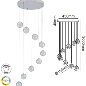 Q28159-CH QUOR SING Lampara colgante 9LED integrado atenuable 3000k, 4000k, 6000k 42w acabado cromo CH y cristal