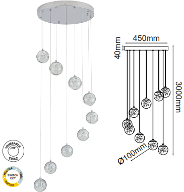 Q28159-CH QUOR SING Lampara colgante 9LED integrado atenuable 3000k, 4000k, 6000k 42w acabado cromo CH y cristal