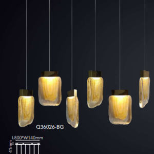 Q36026-BG QUOR VIVA Lampara colgante 6LED integrado 24w 3000k Luz cálida acabado oro cepillado BG y cristal ámbar