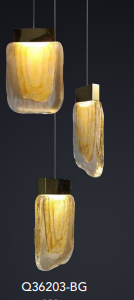 Q36203-BG QUOR VIVA Lampara colgante 3LED integrado 12w 3000k Luz cálida acabado oro cepillado BG y cristal ámbar