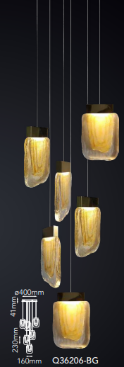 Q36206-BG QUOR VIVA Lampara colgante 6LED integrado 24w 3000k Luz cálida acabado oro cepillado BG y cristal ámbar