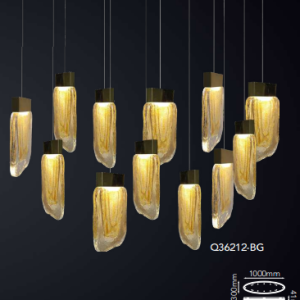 Q36212-BG QUOR VIVA Lampara colgante 12LED integrado 48w 3000k Luz cálida acabado oro cepillado BG y cristal ámbar