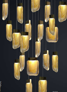 Q36221-BG QUOR VIVA Lampara colgante 21LED integrado 84w 3000k Luz cálida acabado oro cepillado BG y cristal ámbar